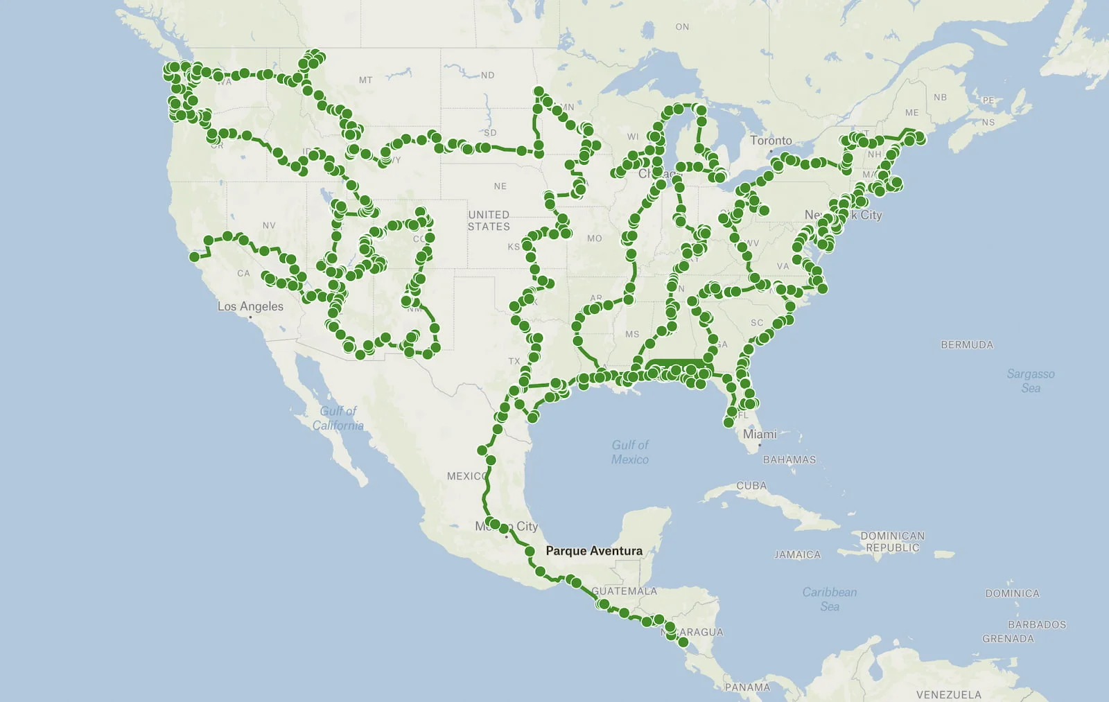 Our route: 48 US states, then south through Mexico, Guatemala, El Salvador, Honduras and Nicaragua
