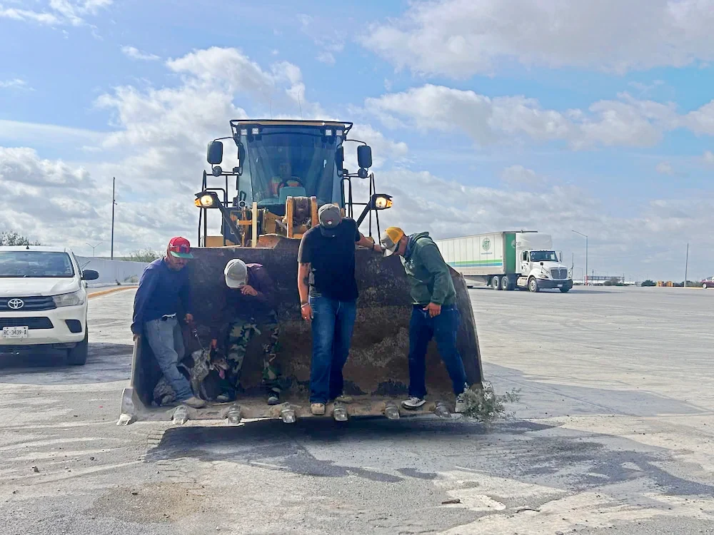 Sheila the dog riding in a loader bucket with the men who recovered her at the border