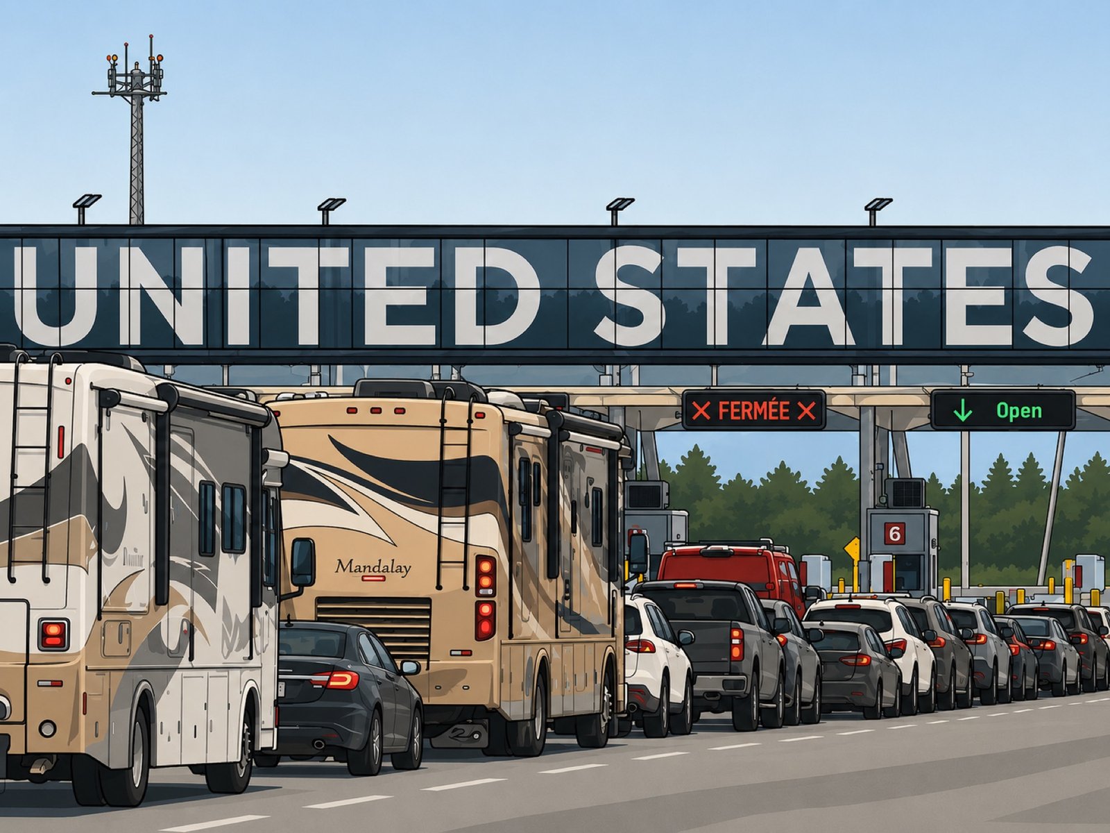 A long line of vehicles waiting at a border crossing