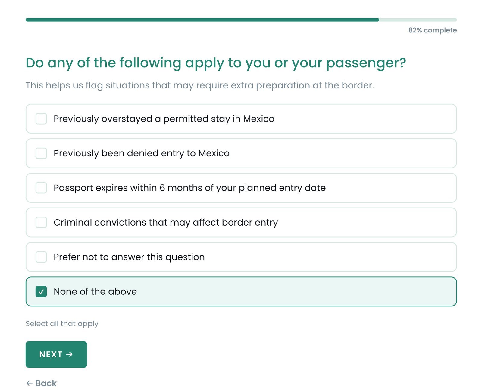 Questionnaire — do any entry-eligibility situations apply to your travelers