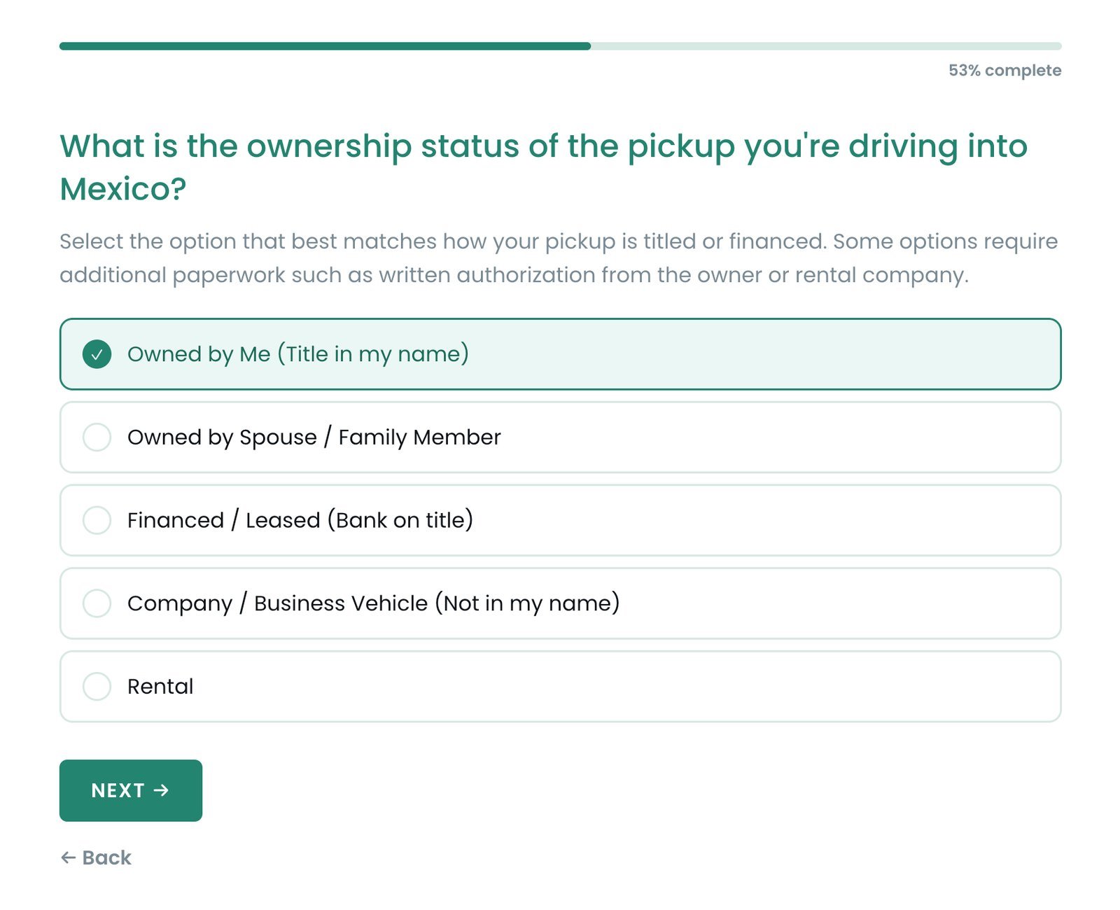 Questionnaire — what is the ownership status of the vehicle
