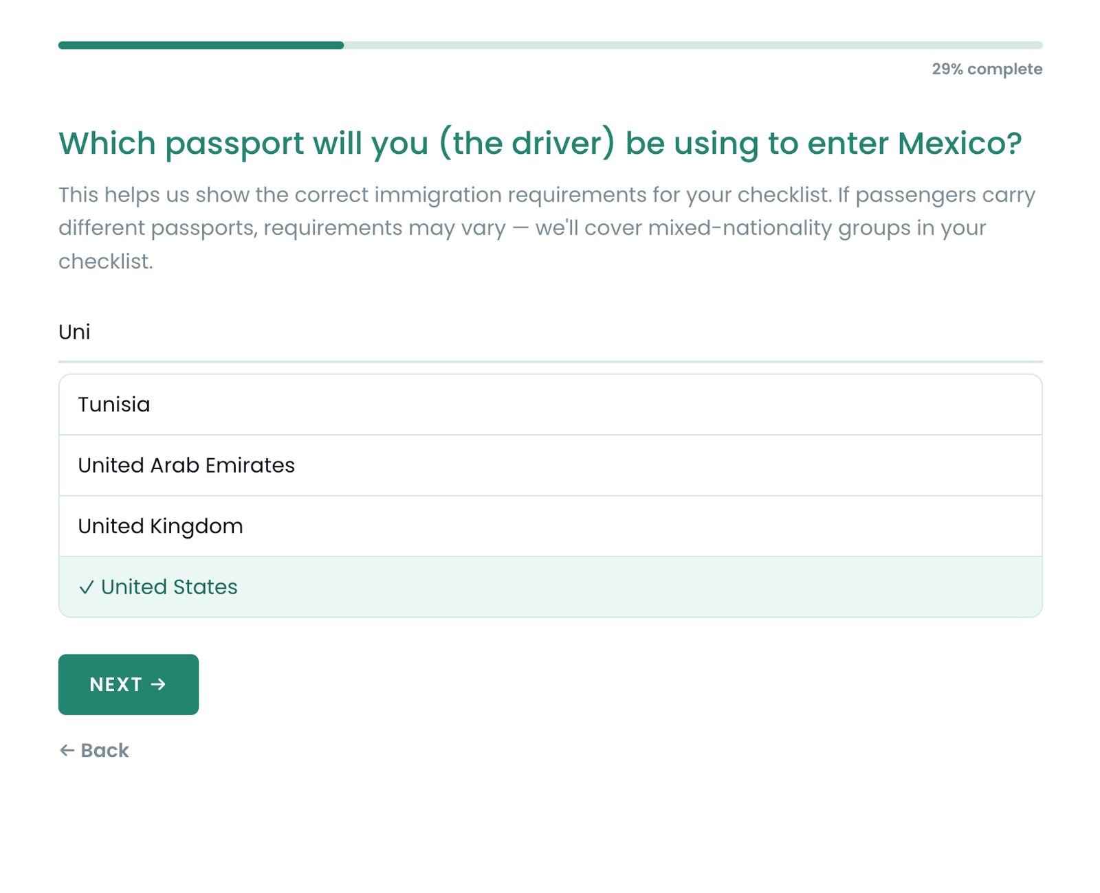 Questionnaire — which passport will the driver be using, with a searchable country picker