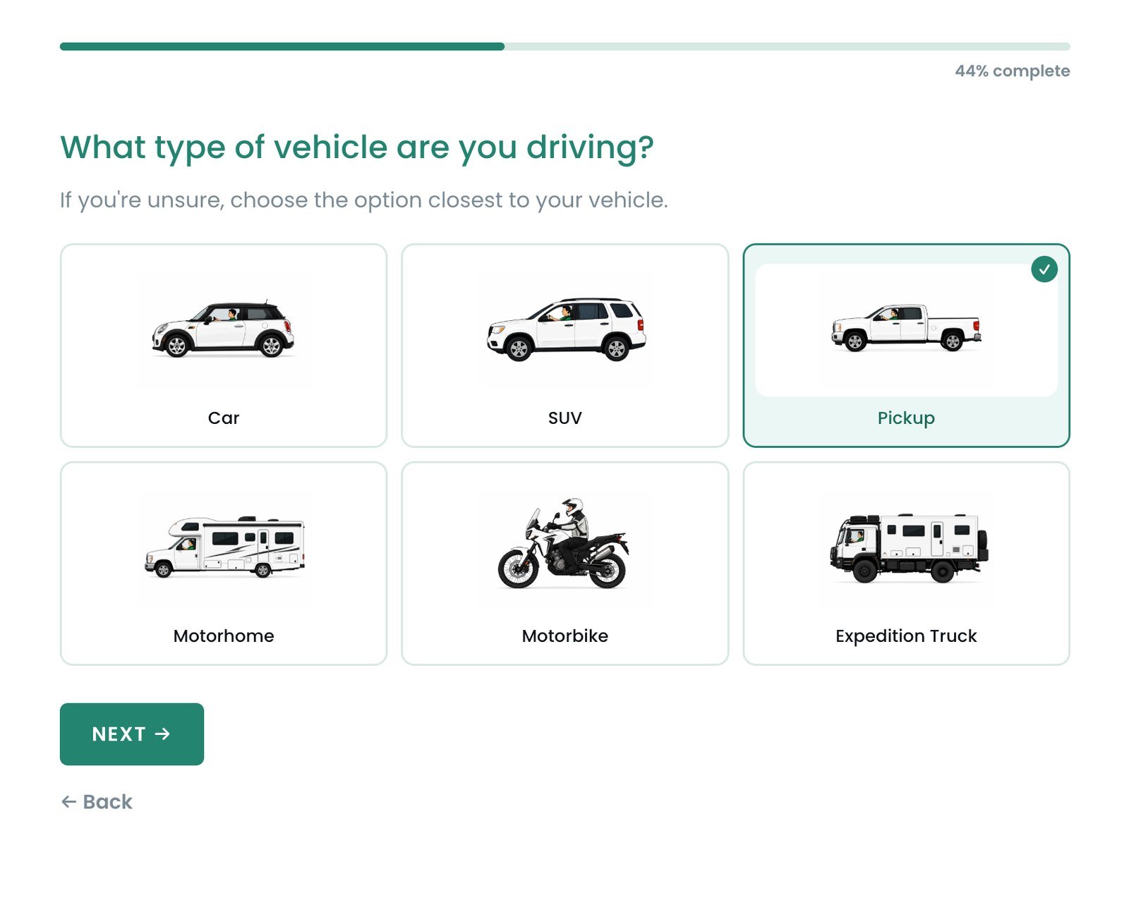 Questionnaire — what type of vehicle are you driving, with illustrated vehicle options